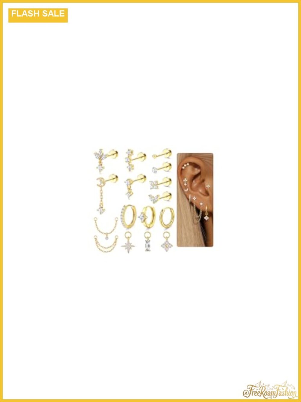 16pcs Cartilage Earring Set Flat Back Studs Hoops Hypoallergenic Surgical Steel